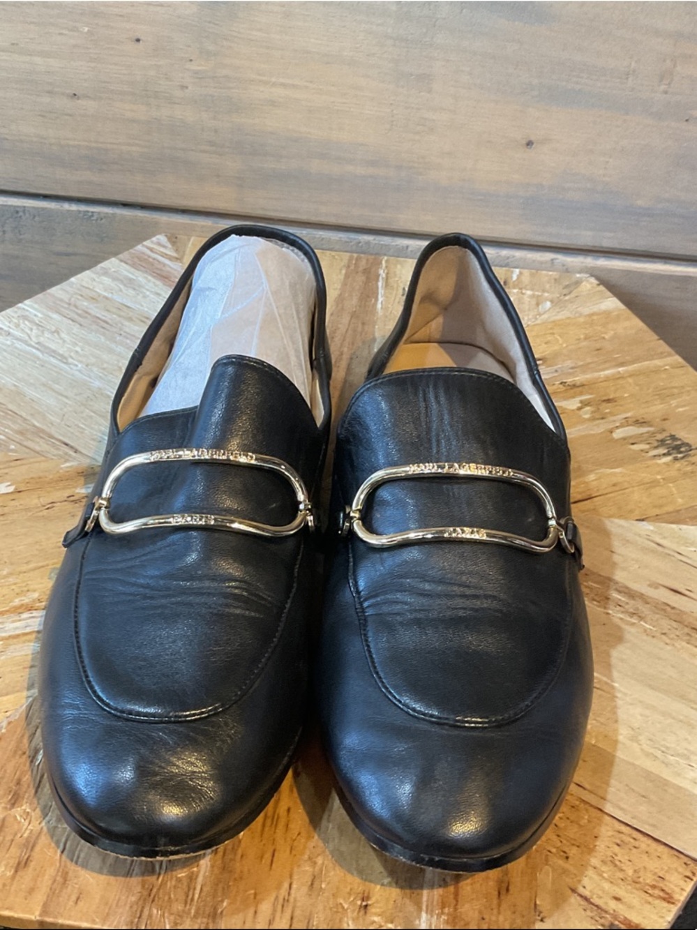 Karl Lagerfeld Black Leather Loafers with Silver Tone Bit